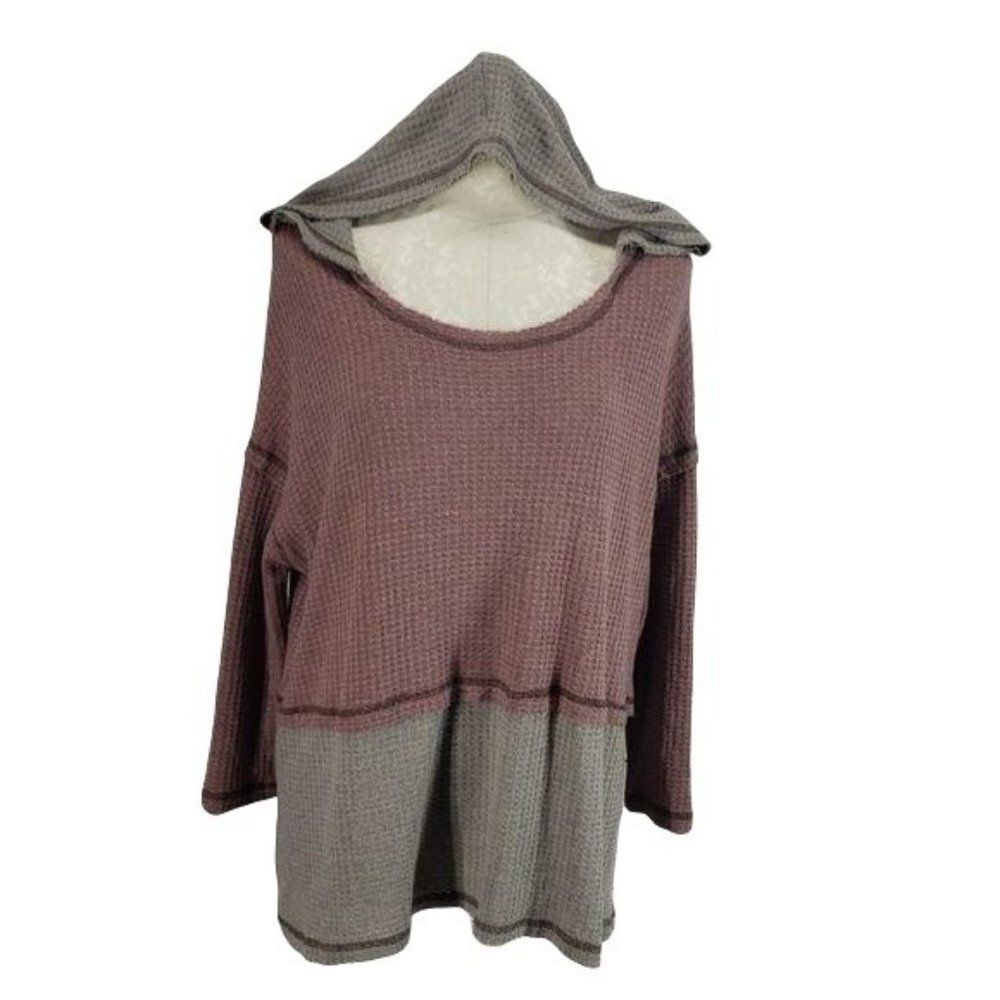 Easel Women's‎ Pink Gray Oversized Waffle Knit Hooded Shirt Size Small